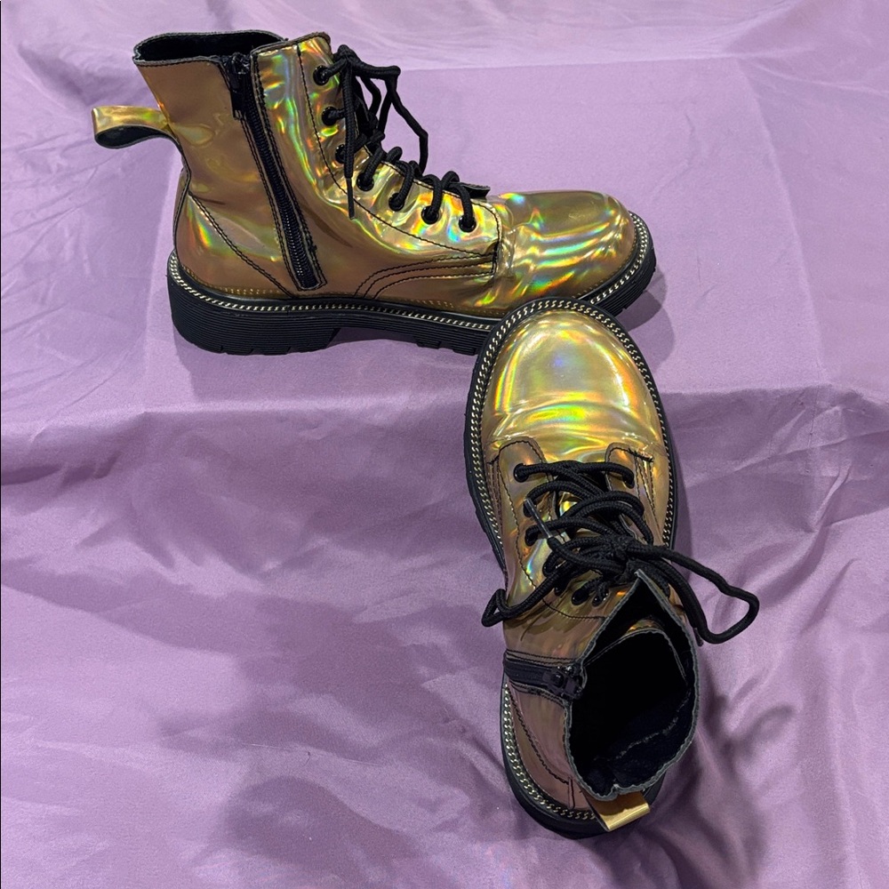 Womens Holographic Lace-Up Combat Boots - Gold Iridescent